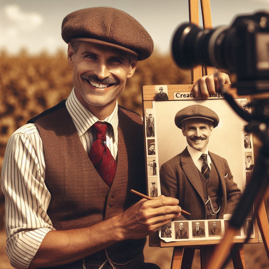 AI image of a man in a park having a photo shoot dressed in 1940's attire with a newsboy cap