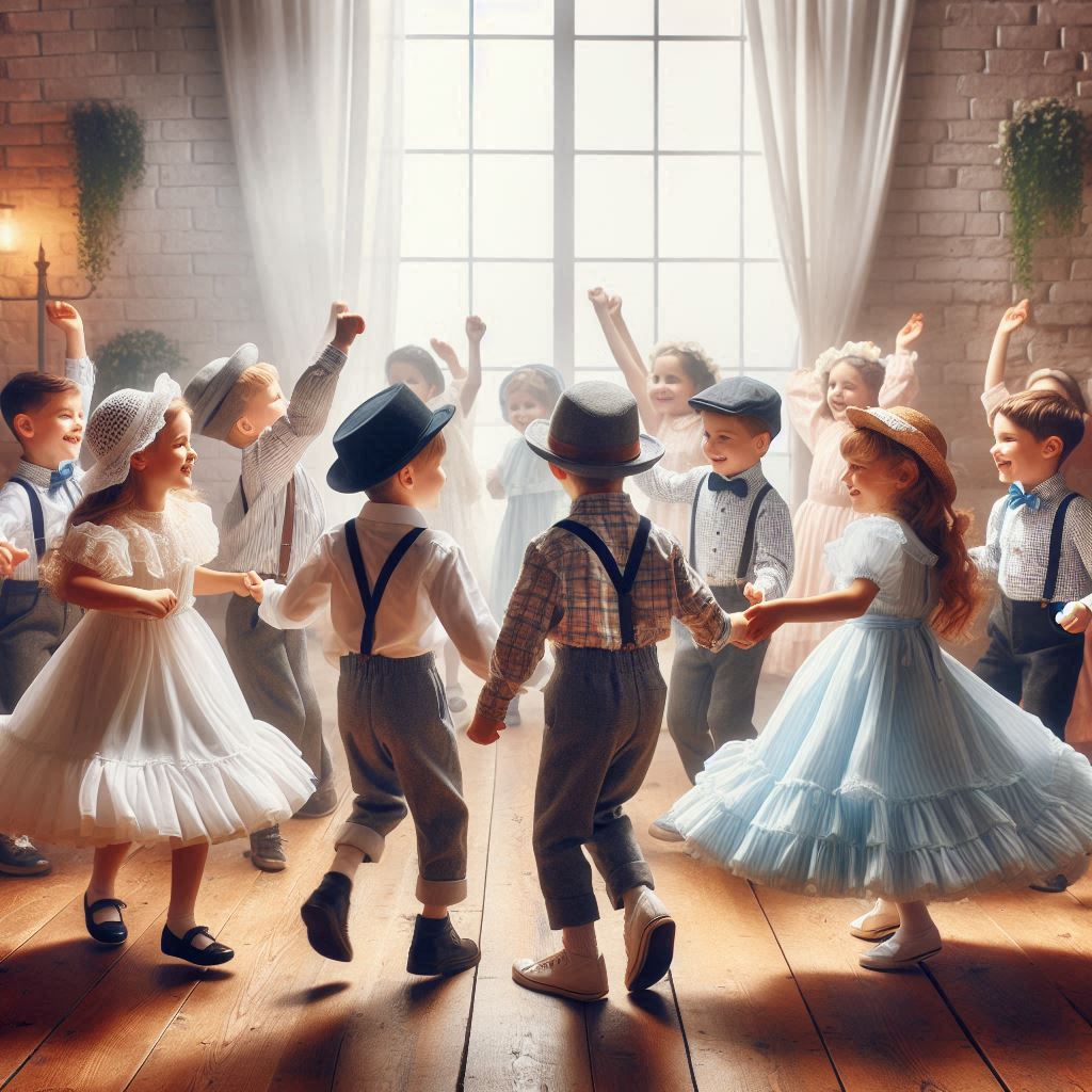 AI created image of kids in vintage clothes dancing under natural indoor light.