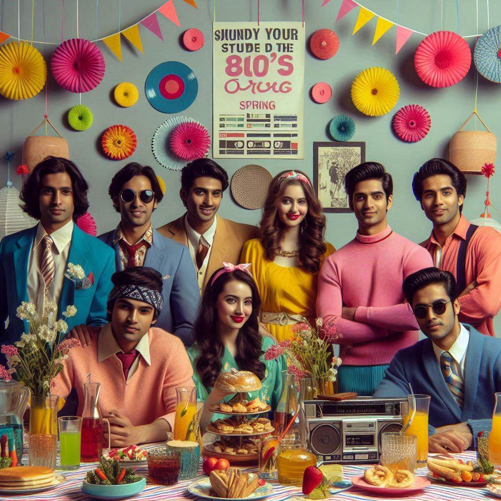 AI image of a group of party people at a 8's party dress in retro gear with food and decor appropriate for that era