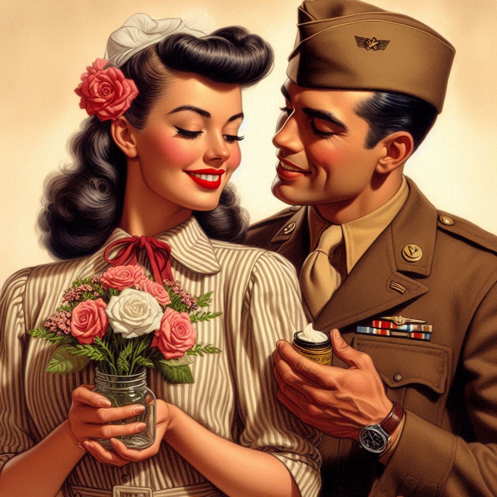 Military soldier giving gifts to a 1940's woman with flowers