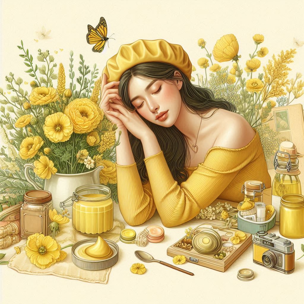 AI image of a woman snoozing at a table in yellow dress and hat surrounded by yellow decor and flowers