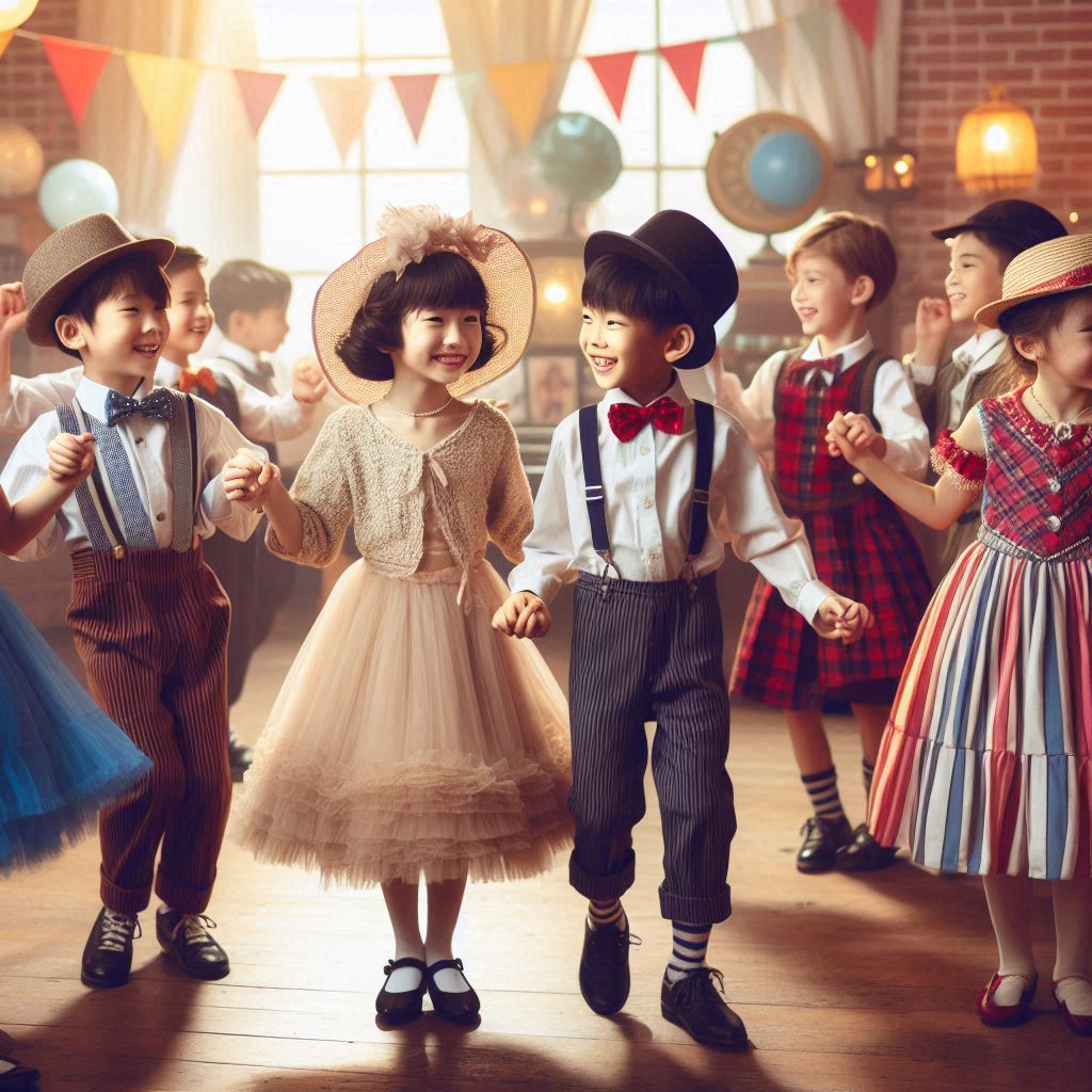 AI created image of girls and boys at an indoor vintage party with bunting across the windows