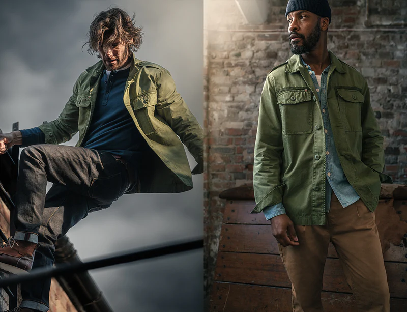 2 different rugged men/split picture of them  modelling an army green overshirt over other casual clothing  