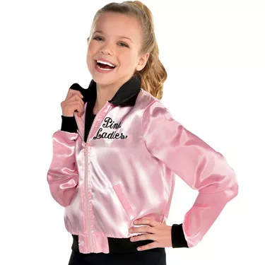 girl in pink satin bomber jacket with black trim