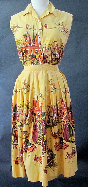 1940's sleeveless shirt dress in yellow with cottage prints