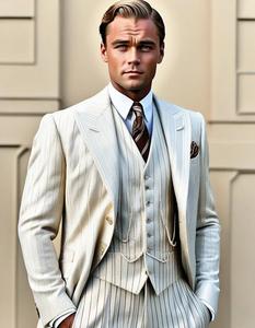 Man in a 3 piece light suit with pocket watch and square