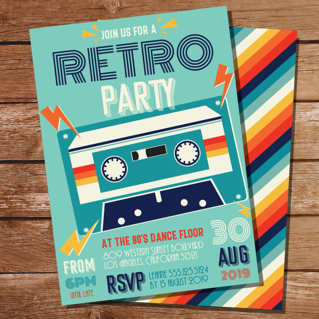 Retro 80's party invitation download from online platform