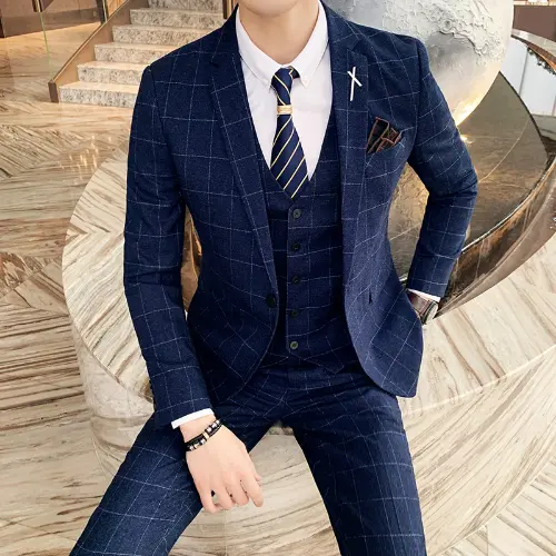 Single breasted suit in blue and white block stripe