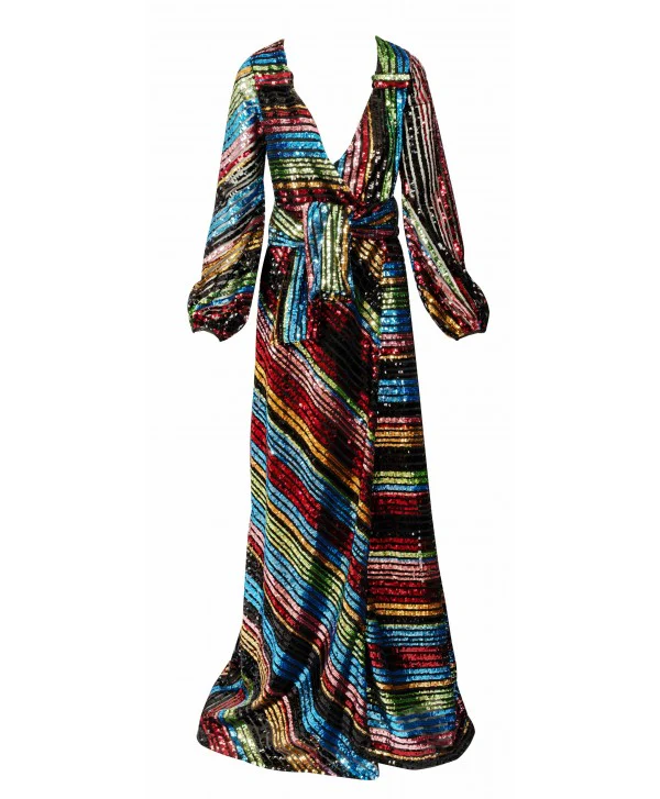 1980's lame long plunge neck dress in primary colours long sleeves and black lining