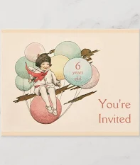 Telegram style invitation of a girl flying on a balloon aeroplane