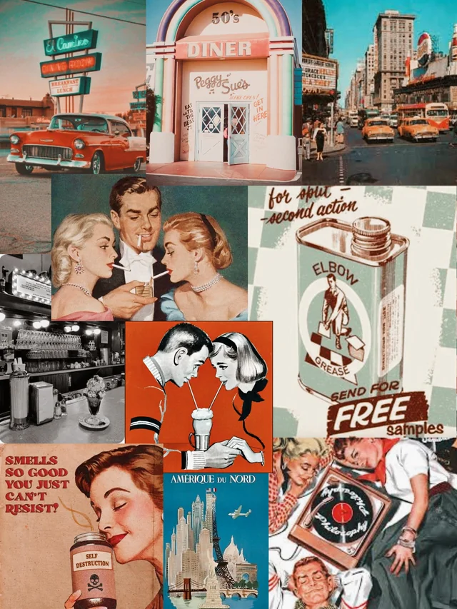 Collage picture of 1950's life and assorted car and youth culture 