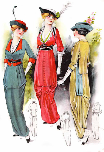 Fashion designer images of 1913 dresses and hats in gold and nautical shades with rushed skirts