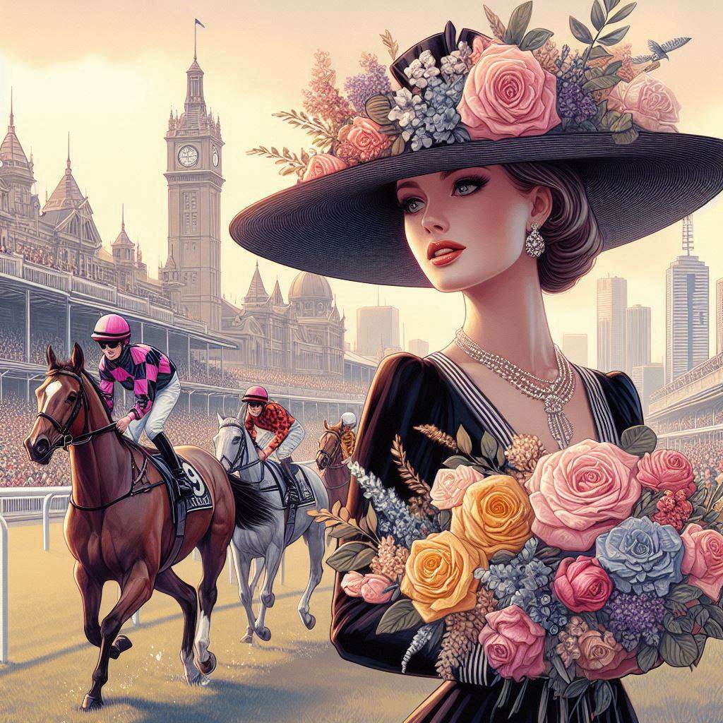 AI image of a lady from 1930's in a long sleeve dress with very large flower adorned hat holding bunch of flowers watching the horse racing