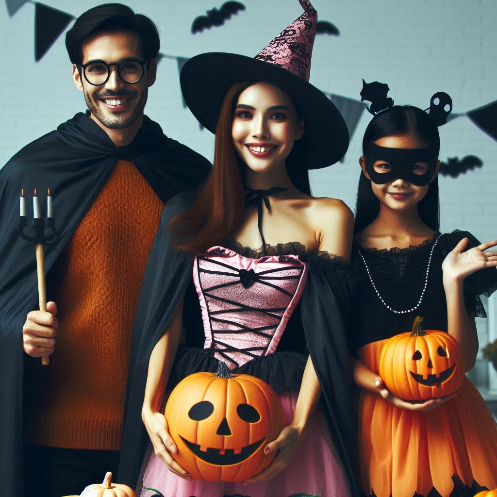 AI image created of a family in halloween witch costumes holding pumpkins