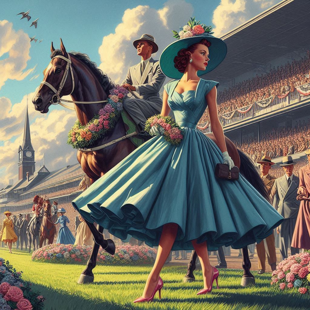 AI created image of a 1950's horse with it's 2 owners impeccably dressed, adorned with a floral racing wreath