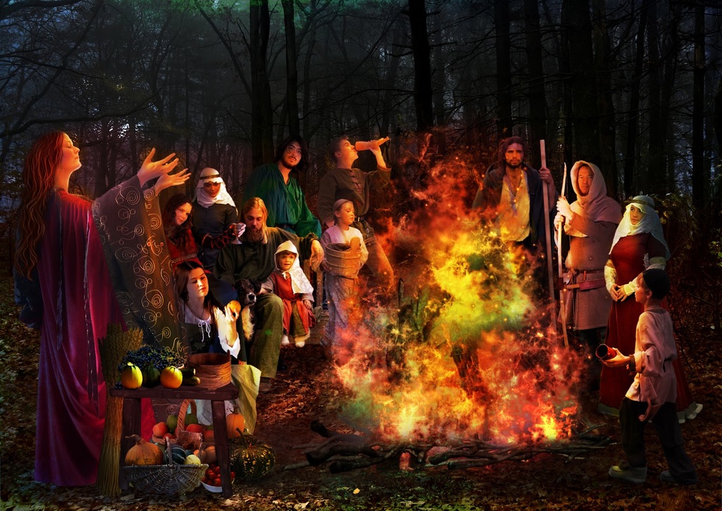 Celts around a bonfire celebrating Samhain