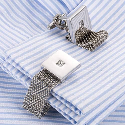 Striped shirt cuffs with silver chained cuff links