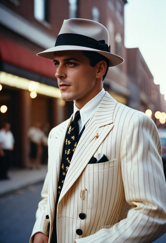 Man in light pin striped suit and dark tie with pocket square and trilby hat