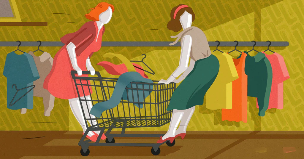 Two character women riding a shopping trolley at a vintage clothing store