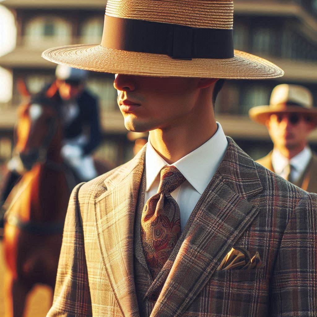 AI image of a man in a 3 piece tweed suit and wide boater hat with matching tie and pocket square