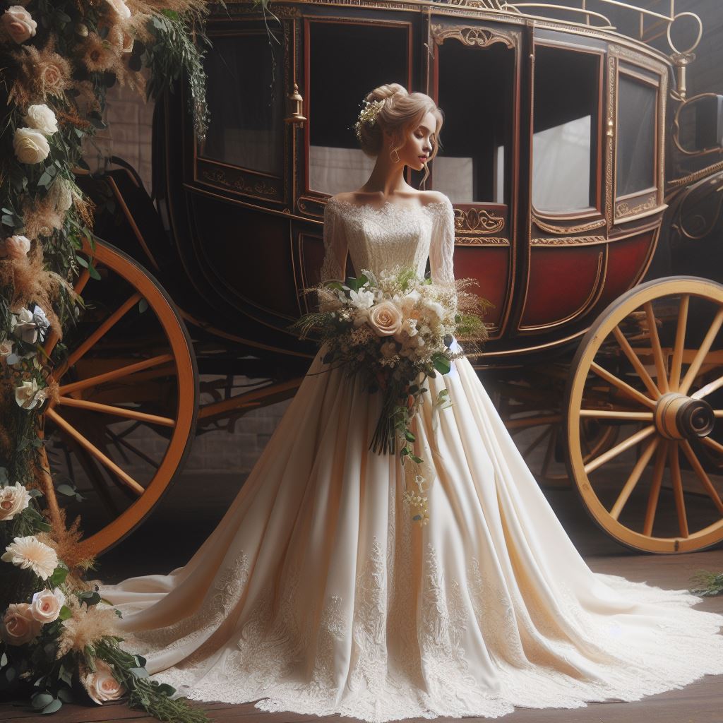 AI created image of a blonde lady with a empire empire length off the shoulder vintage gown large bouquet and updo standing near a stage coach