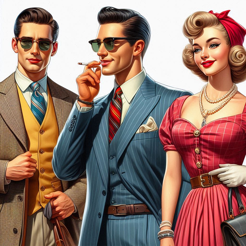 AI image of 3 people at a social event where the men are wearing 3 piece suits