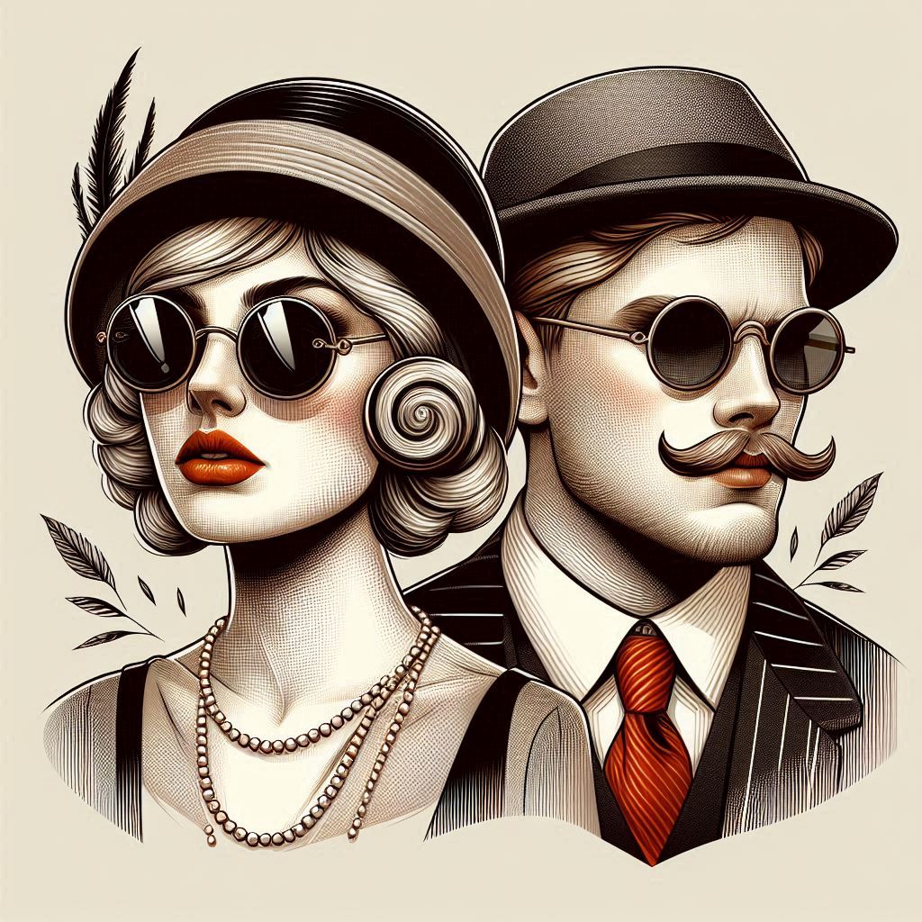 AI image of a man and woman wearing sunglasses and fedora or cloche hats