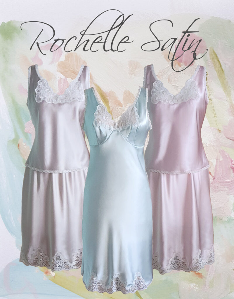 # satin slips in pastel shades and V neck with lace appliques and trim