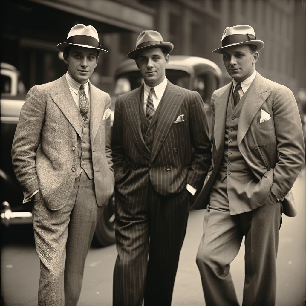 AI created image of 3 men in different 3 piece suits ties and pocket squares wearing trilby hats