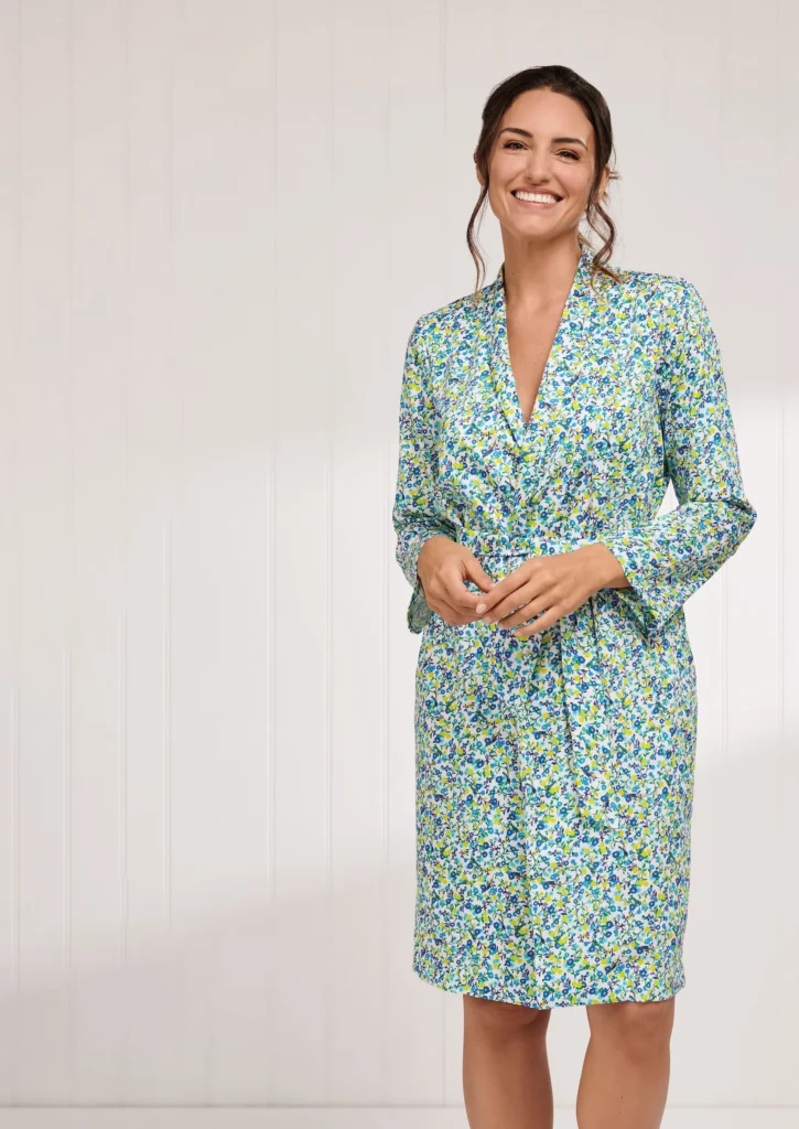 Lady in a multi cool colour light weight robe