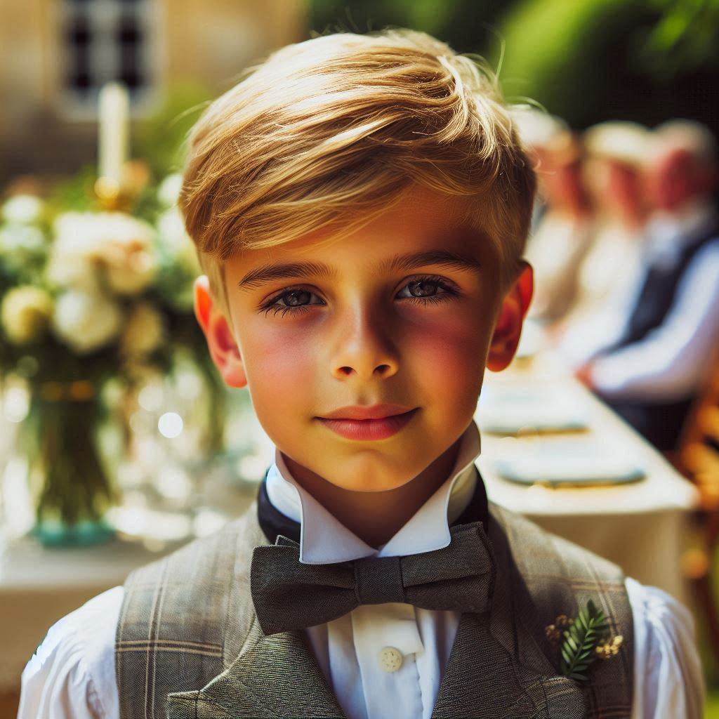 AI image of a young boy dressed in vintage wedding attire at a wedding function