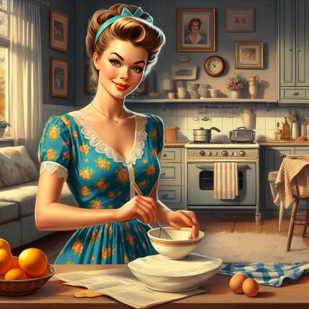 AI generated image of a woman in a 1950's house dress preparing food in the kitchen