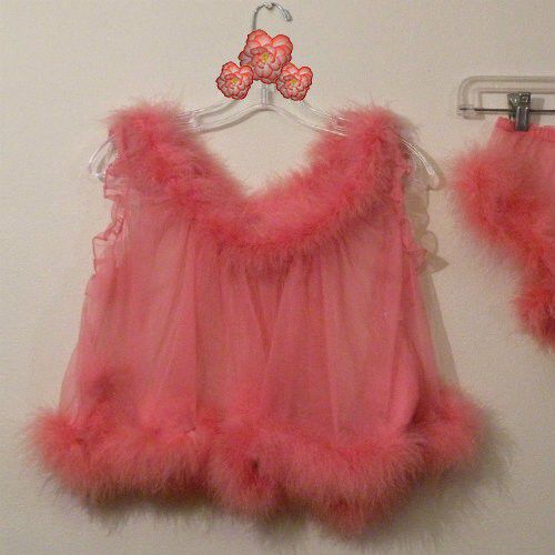 very short baby doll nightie with matching underpants in salmon with maribou trim