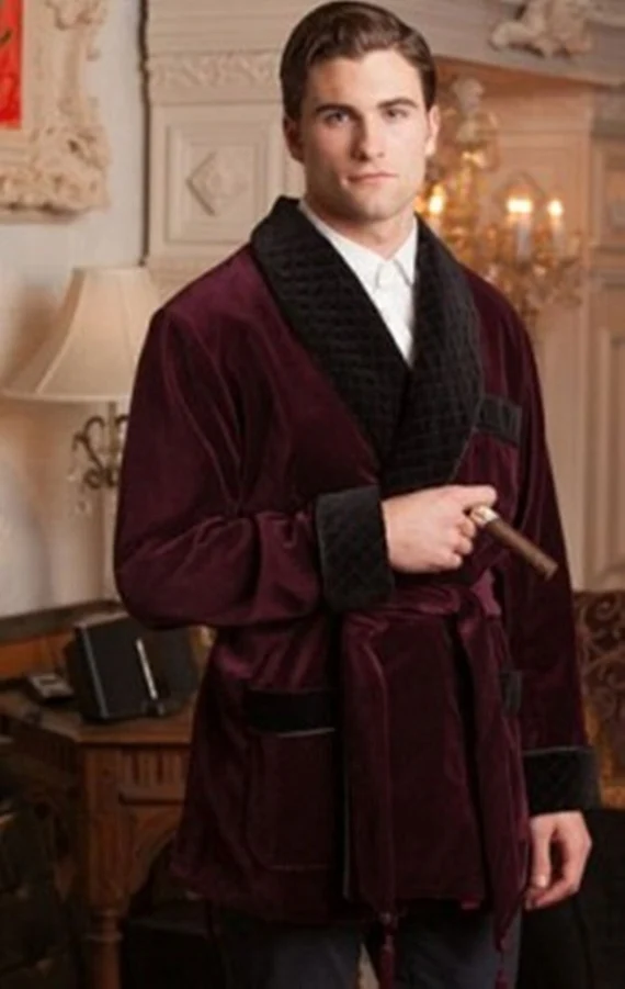 Men's burgundy smoking jacket with black trim in velvet