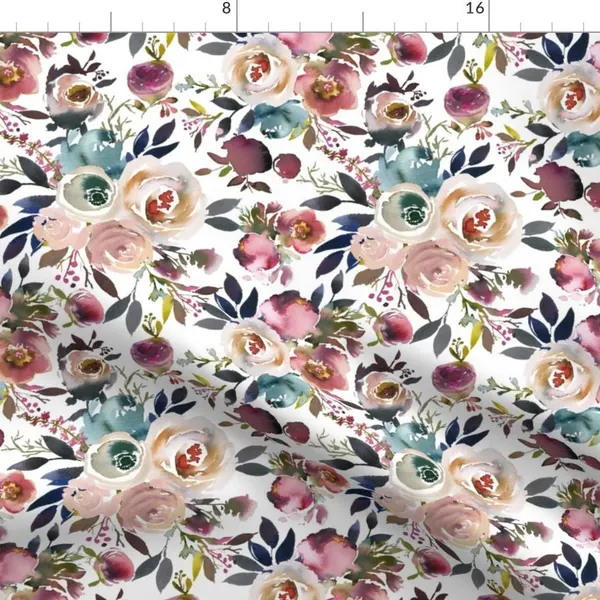 Cotton polyester fabric in floral design with burgundy and blue pink roses