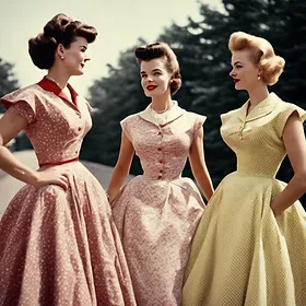 AI created image of 3 women in pastel shawl dresses with cap sleeves and cinched waistlines with pockets