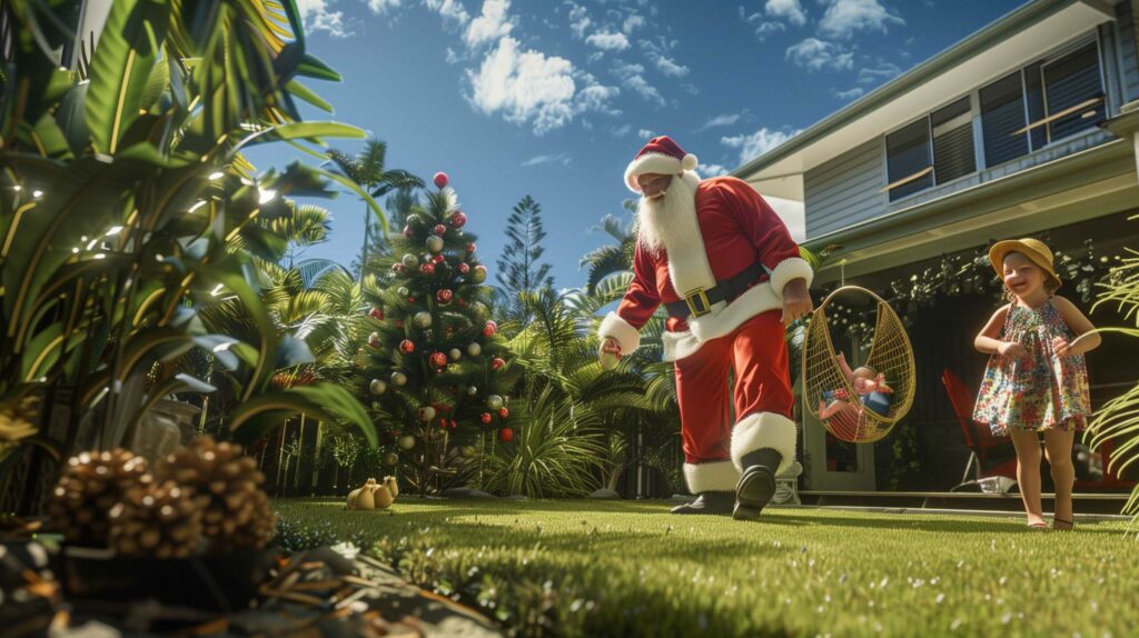 AI generated Father Christmas in an Aussie back garden with a toddler