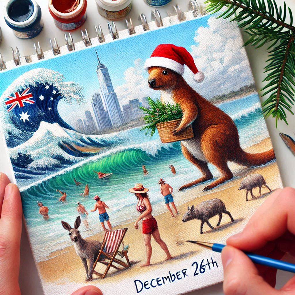 AI created image of a calendar with a kangaroo at the beach wearing a santa hat and waves in the ocean