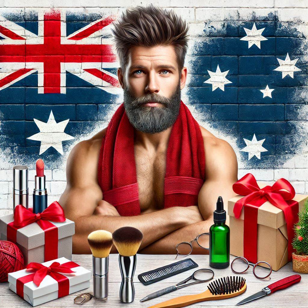 Aussie man with a towel and grooming gifts next to him for christmas