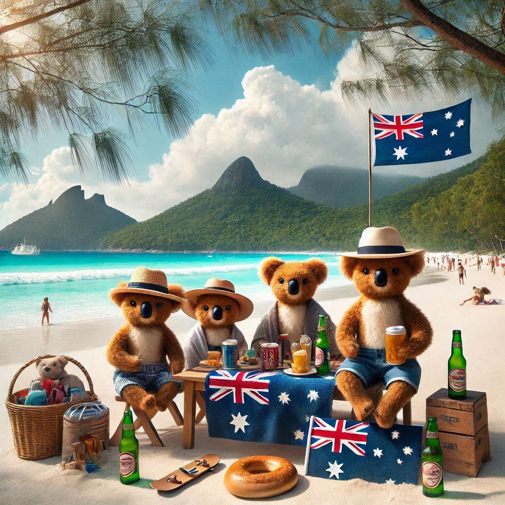 AI image of a group of Aussie koalas on the beach with flags