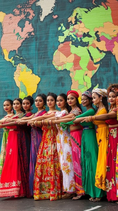 Group of ethnic Indian girls in traditional Christmas costume