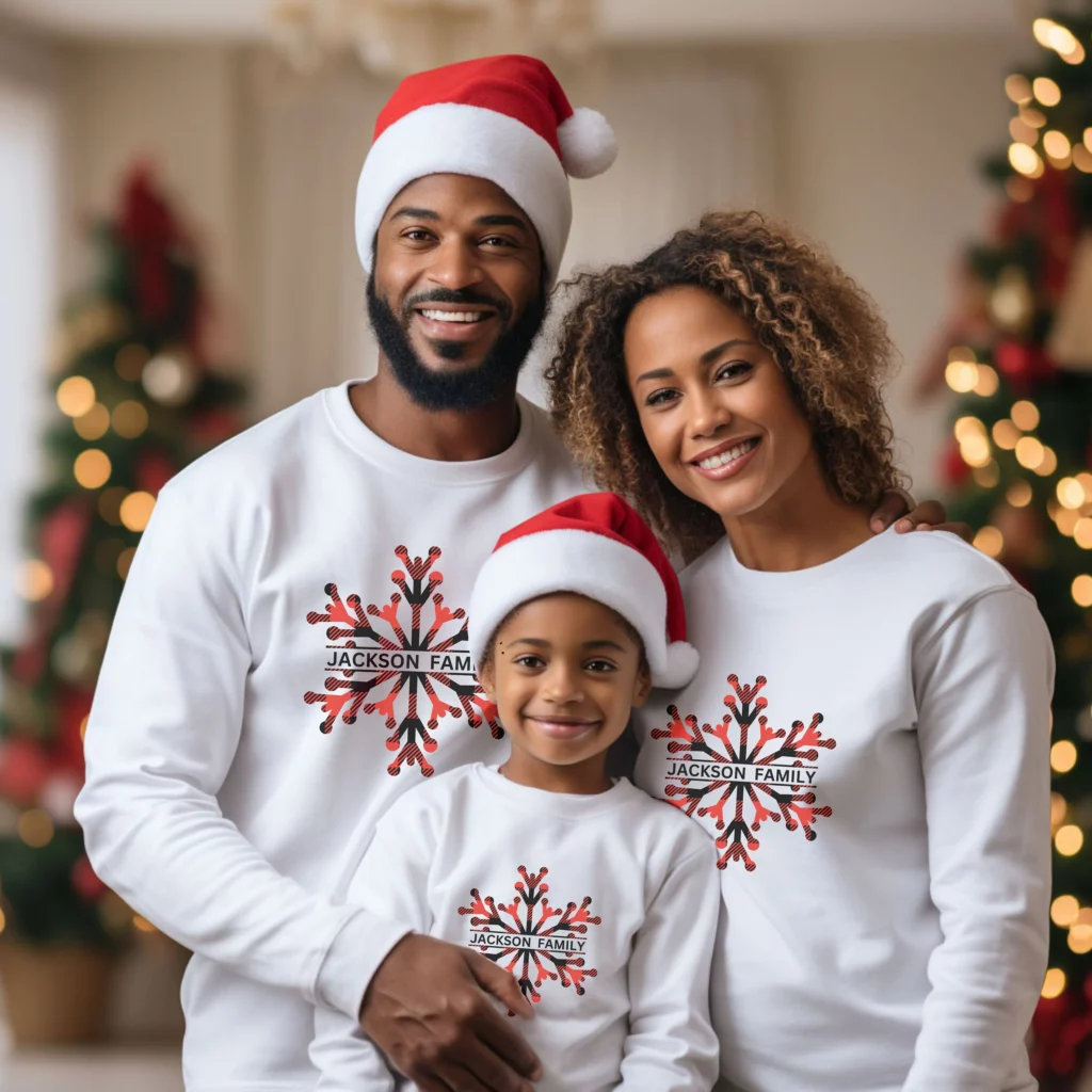 Family of 3 people wearing matching Pj tops and santa hats