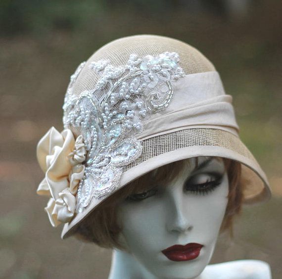 Mannequin wearing straw cloche hat with lace and pearl detail