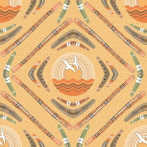 Aboriginal design fabric with earth tones and boomerangs