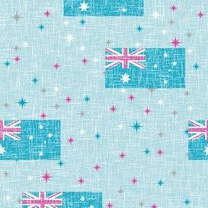 Light cotton fabric with aussie flag design in teal shades