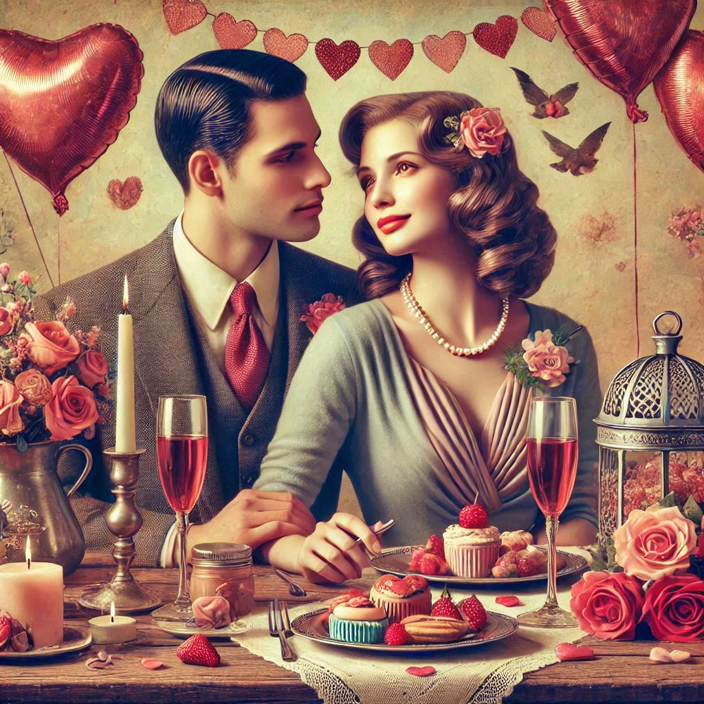 AI image of a couple at a dinner table covered in sweets champagne and hearts