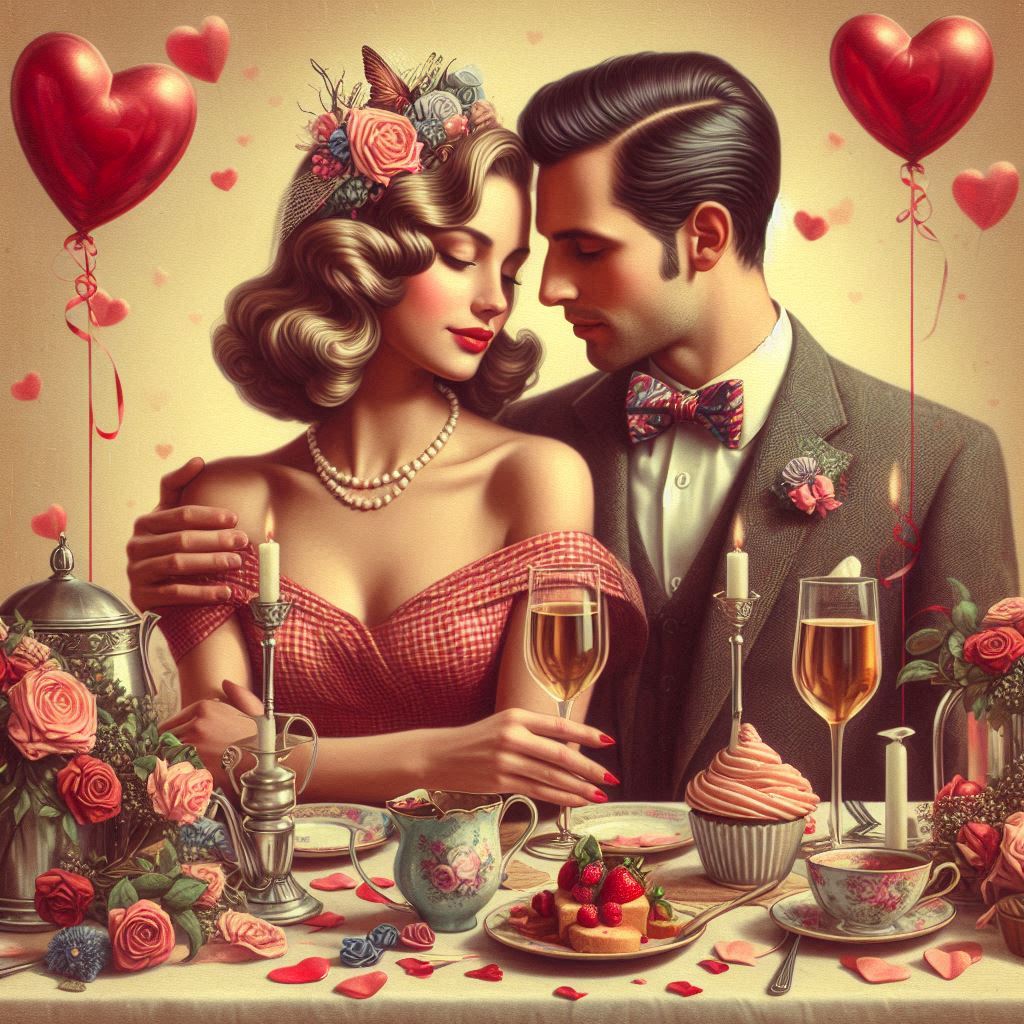 AI image of a couple at a valentines day dinner in vintage 1950's attire.