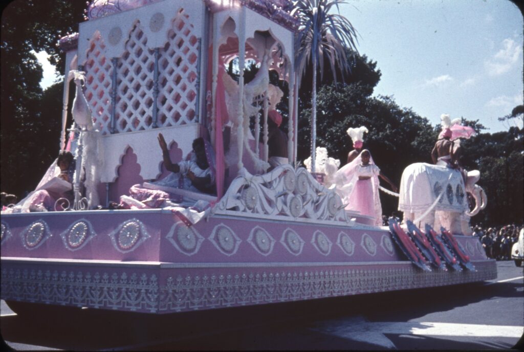 Pink Myer float in 1961 with fantasy costumes worn