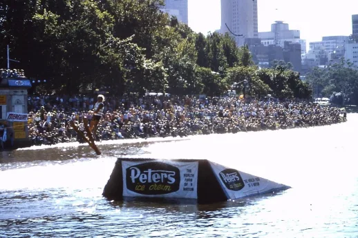 Waterskier and ramp on the Yarra River during the Moomba festival