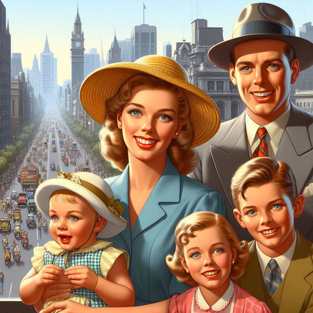 AI image of an australian family watching a parade in the city circa 1950's